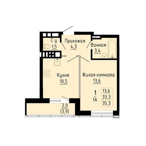 Вариант №13262, 1-комнатная квартира в жилом комплексе 