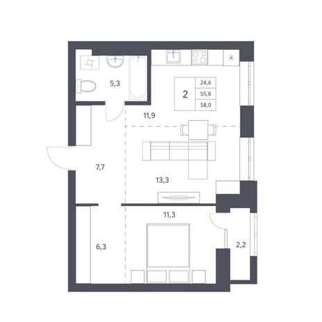 Вариант №11233, 2-комнатная квартира в жилом комплексе Новаторы