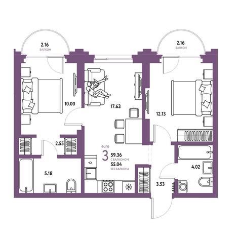 Вариант №15776, 3-комнатная квартира в жилом комплексе Апартаменты Тайм Парк
