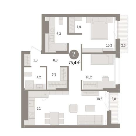 Вариант №9042, 2-комнатная квартира в жилом комплексе Квартал на Никитина