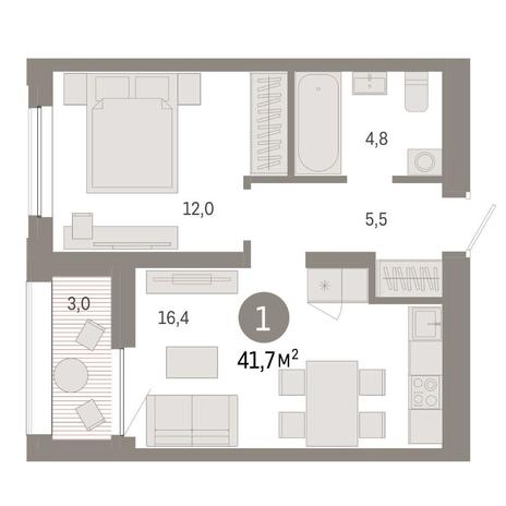 Вариант №14853, 1-комнатная квартира в жилом комплексе 