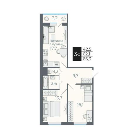 Вариант №12649, 3-комнатная квартира в жилом комплексе 