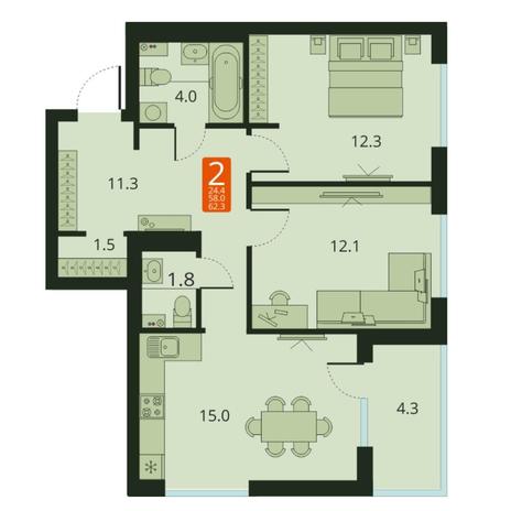 Вариант №7486, 2-комнатная квартира в жилом комплексе 