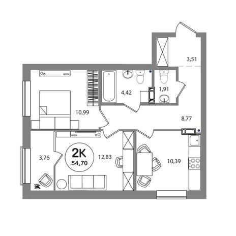 Вариант №6975, 2-комнатная квартира в жилом комплексе 