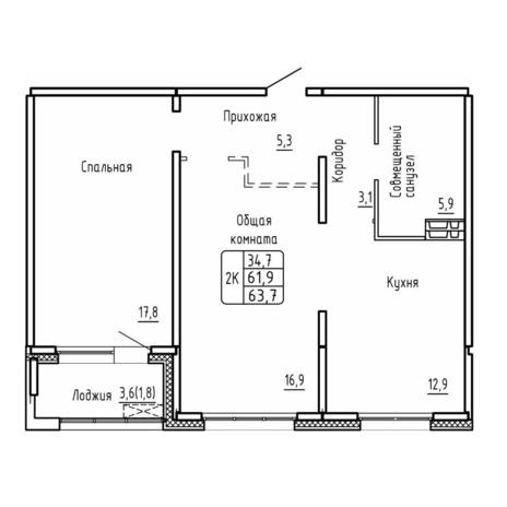 Вариант №17778, 2-комнатная квартира в жилом комплексе Квартал на Игарской