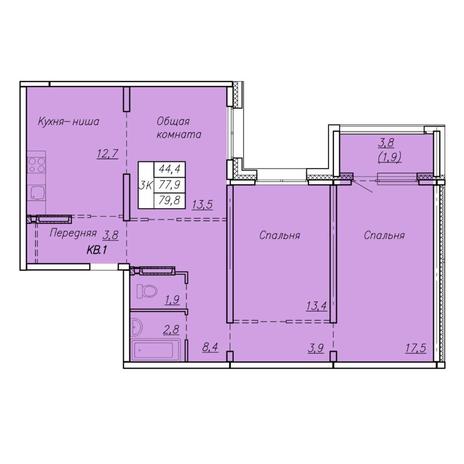 Вариант №7420, 3-комнатная квартира в жилом комплексе Галактика