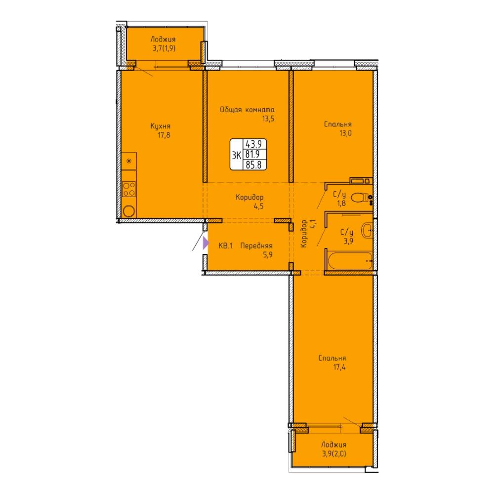 Планировка 3-комнатная площадью 85.8 м<sup>2</sup> в ЖК Акварельный 3.0