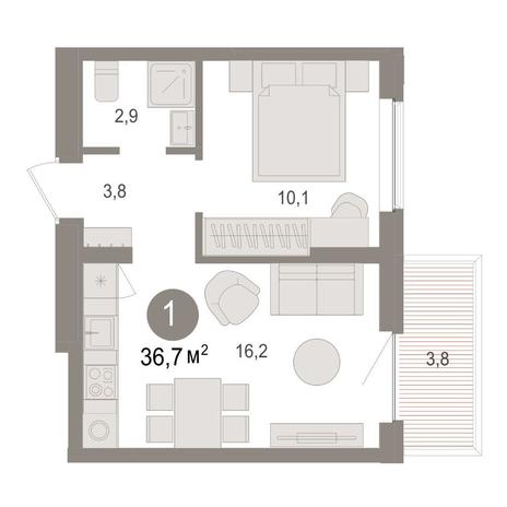 Вариант №14938, 1-комнатная квартира в жилом комплексе Родина