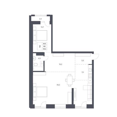 Вариант №11237, 2-комнатная квартира в жилом комплексе Новаторы