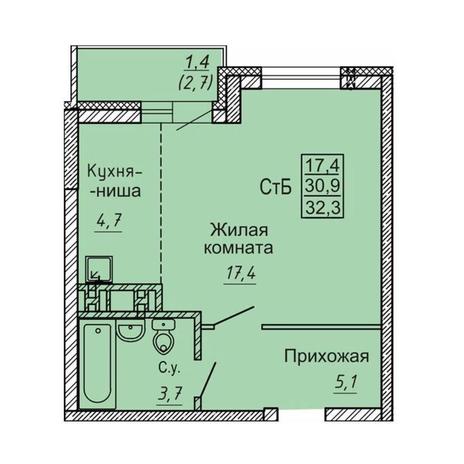 Вариант №13487, 1-комнатная квартира в жилом комплексе 