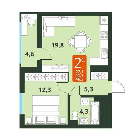 Вариант №13816, 2-комнатная квартира в жилом комплексе 