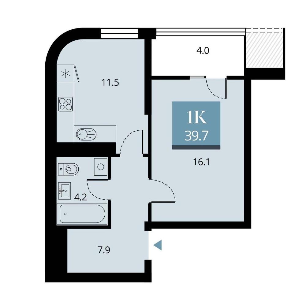 Планировка 1-комнатная площадью 39.7 м<sup>2</sup> в ЖК Беринг