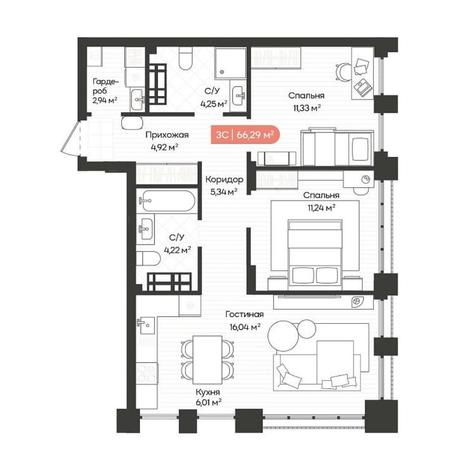 Вариант №14636, 3-комнатная квартира в жилом комплексе 19|56 Кварталы Телецентра