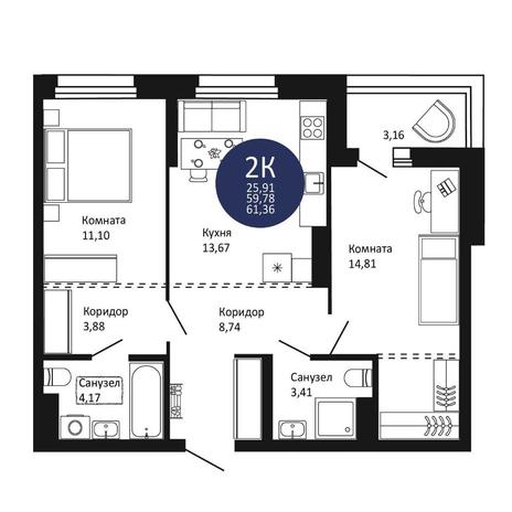 Вариант №15182, 2-комнатная квартира в жилом комплексе Семейный квартал