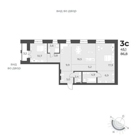Вариант №10435, 3-комнатная квартира в жилом комплексе Квартал на Никитина