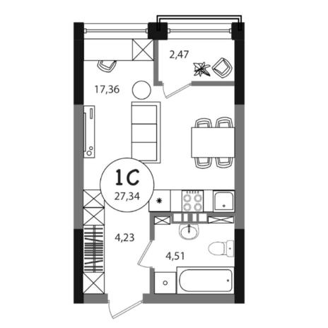 Вариант №7993, 1-комнатная квартира в жилом комплексе 