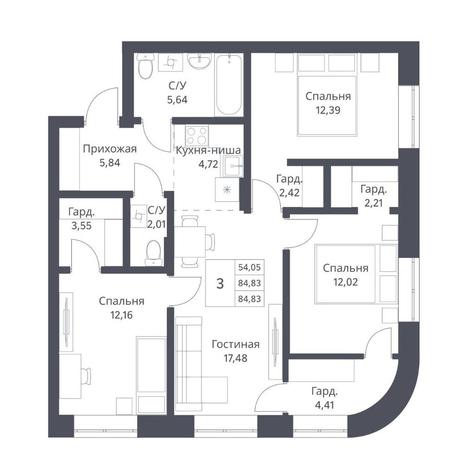 Вариант №14215, 3-комнатная квартира в жилом комплексе Основатели