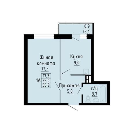 Вариант №13241, 1-комнатная квартира в жилом комплексе 