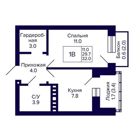 Вариант №14371, 1-комнатная квартира в жилом комплексе Сподвижники