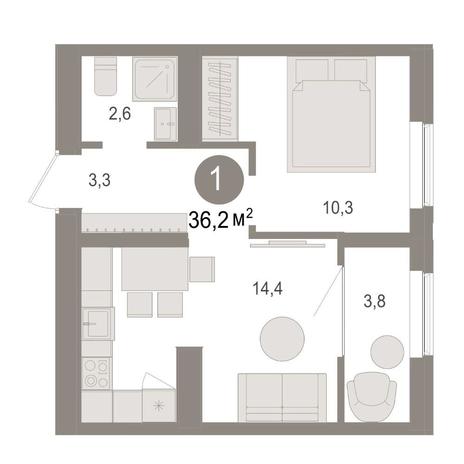 Вариант №14963, 1-комнатная квартира в жилом комплексе Рубин