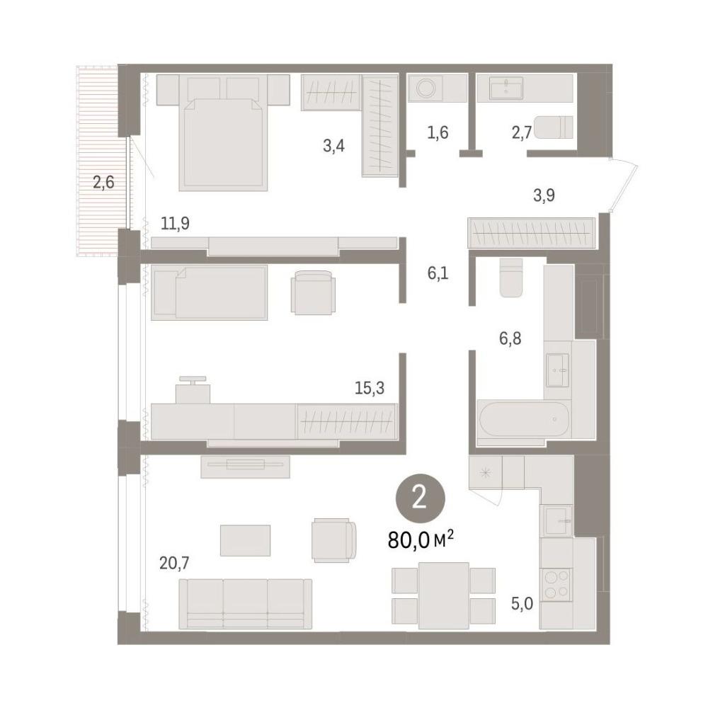 Планировка 2-комнатная площадью 79.95 м<sup>2</sup> в ЖК Авиатор