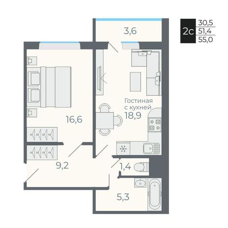Вариант №11482, 2-комнатная квартира в жилом комплексе Tesla Park