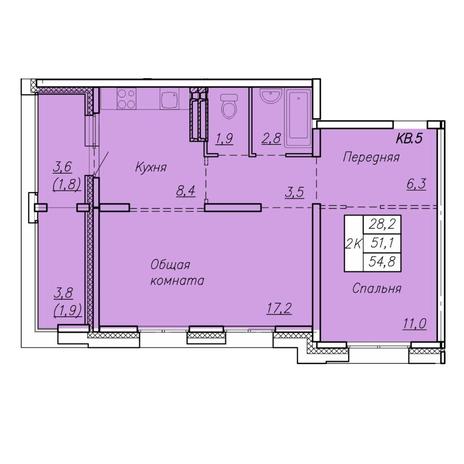 Вариант №7424, 2-комнатная квартира в жилом комплексе Расцветай на Авиастроителей