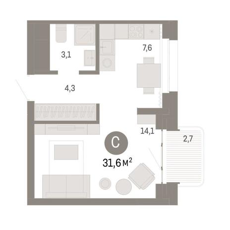 Вариант №9074, 1-комнатная квартира в жилом комплексе 