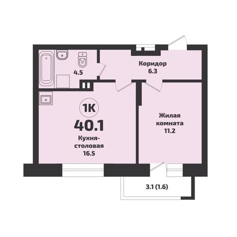Вариант №7629, 1-комнатная квартира в жилом комплексе 