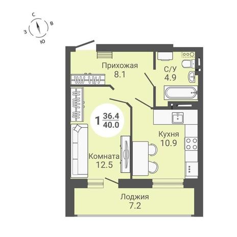 Вариант №10580, 1-комнатная квартира в жилом комплексе 