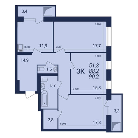 Вариант №3927, 3-комнатная квартира в жилом комплексе NOVA-дом