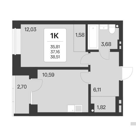 Вариант №6770, 1-комнатная квартира в жилом комплексе Приозерный