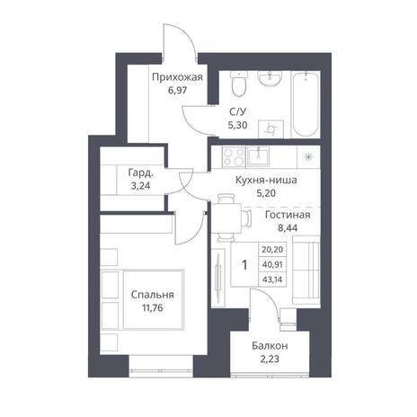 Вариант №14191, 1-комнатная квартира в жилом комплексе Акация на Кедровой