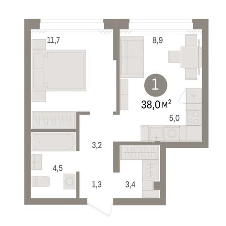 Вариант №9021, 1-комнатная квартира в жилом комплексе 