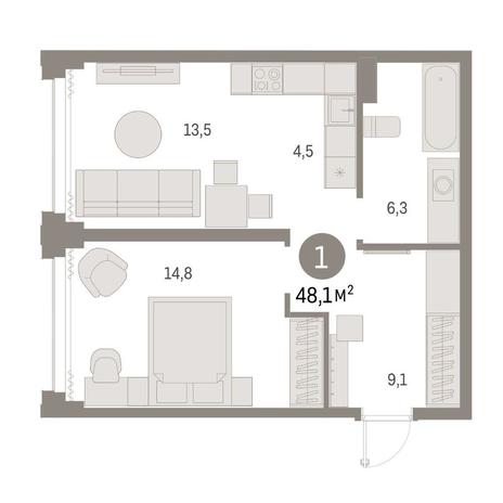 Вариант №14818, 1-комнатная квартира в жилом комплексе Apartville на Кошурникова