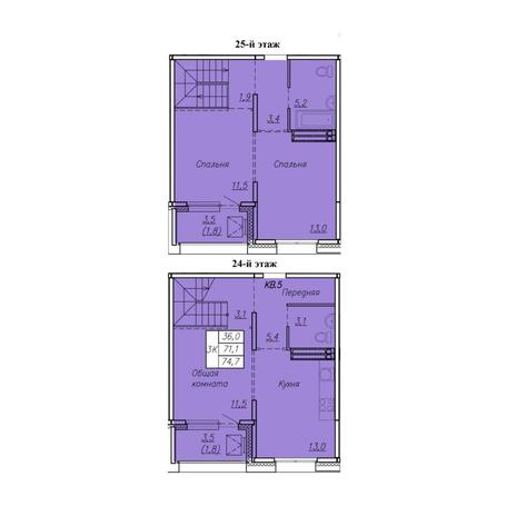 Вариант №8671, 3-комнатная квартира в жилом комплексе Галактика