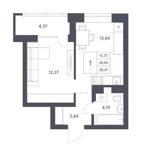 Вариант №11534, 1-комнатная квартира в жилом комплексе 