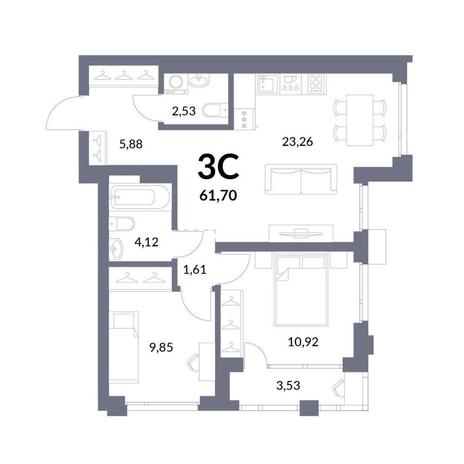Вариант №11670, 3-комнатная квартира в жилом комплексе Беринг