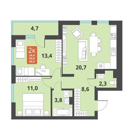 Вариант №12662, 2-комнатная квартира в жилом комплексе 