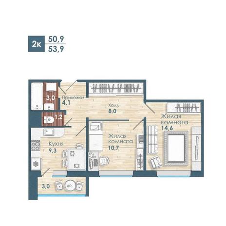 Вариант №12760, 2-комнатная квартира в жилом комплексе 
