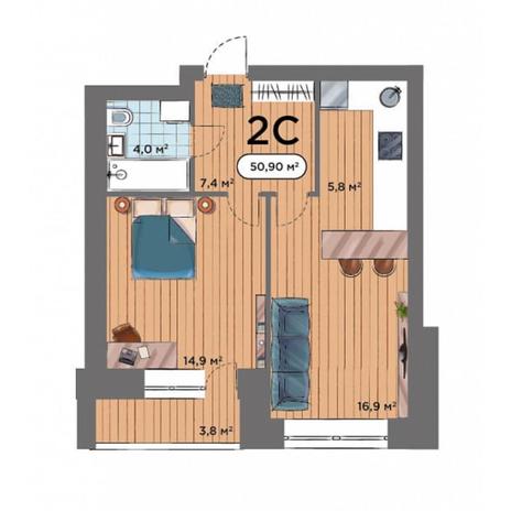 Вариант №7574, 2-комнатная квартира в жилом комплексе 