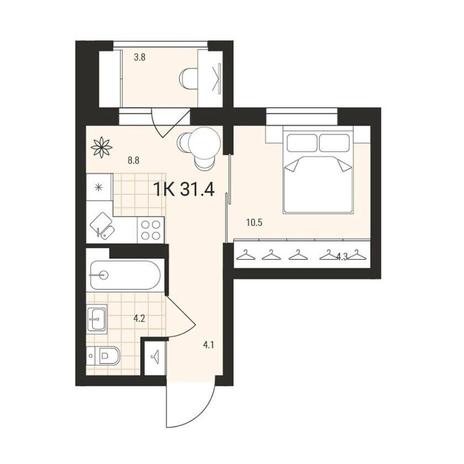 Вариант №13164, 1-комнатная квартира в жилом комплексе 