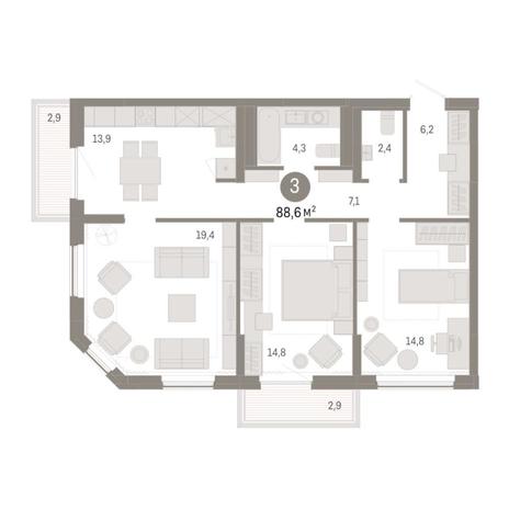 Вариант №8329, 3-комнатная квартира в жилом комплексе Марсель-2