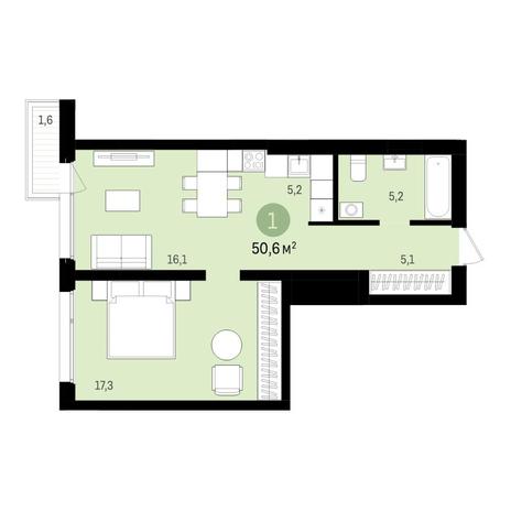 Вариант №6614, 2-комнатная квартира в жилом комплексе Квартал на Никитина