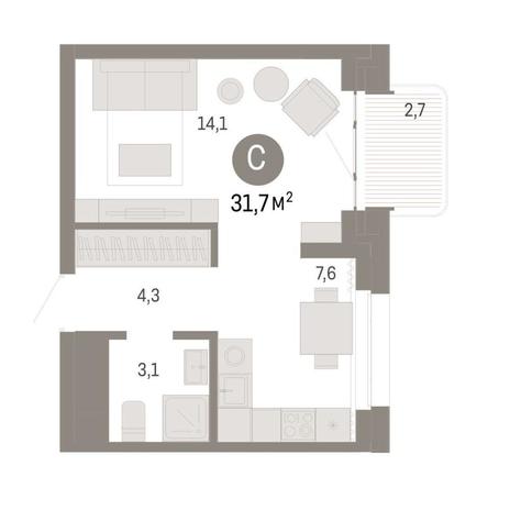 Вариант №9077, 1-комнатная квартира в жилом комплексе 