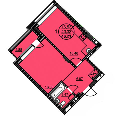 Вариант №3774, 1-комнатная квартира в жилом комплексе Цивилизация