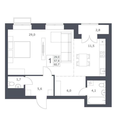Вариант №10342, 1-комнатная квартира в жилом комплексе 