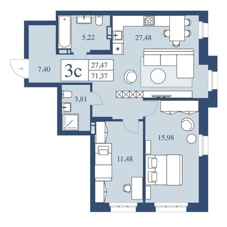 Вариант №7079, 3-комнатная квартира в жилом комплексе Галактика