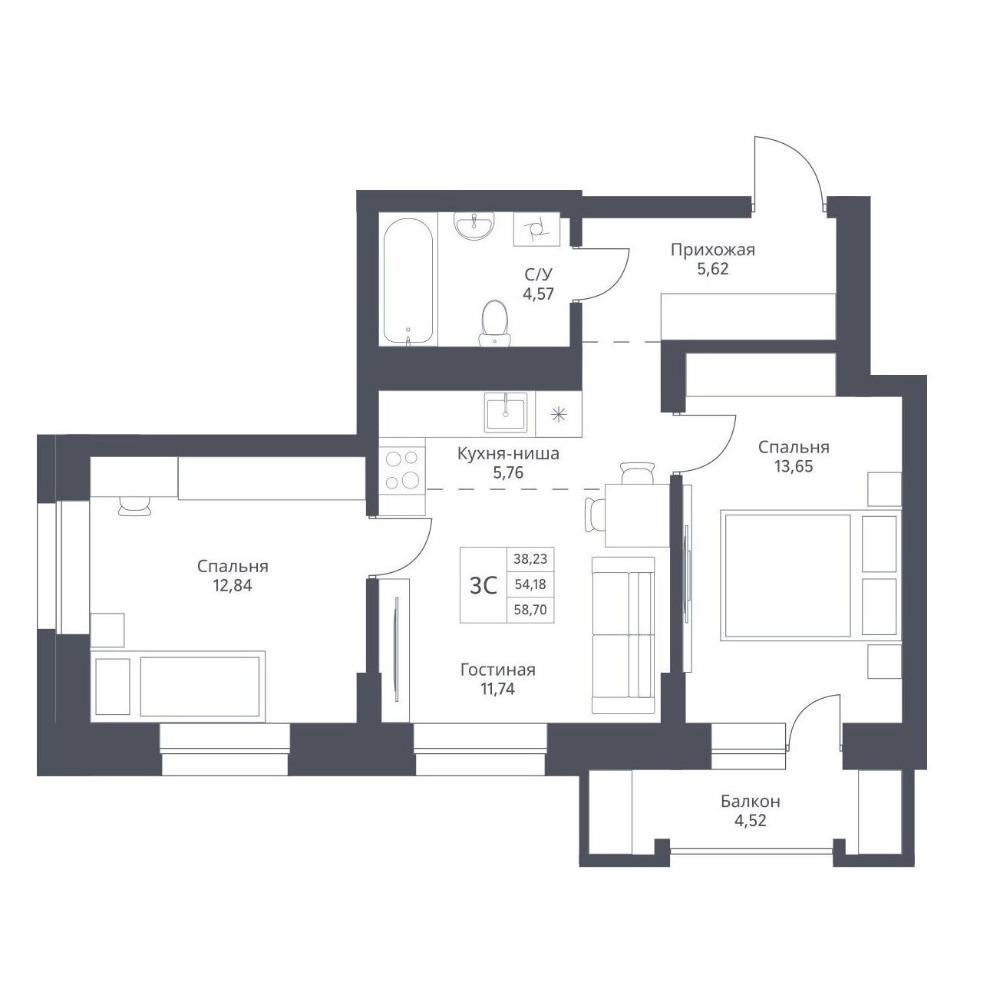 Планировка 3-комн. студия площадью 54.18 м<sup>2</sup> в ЖК Актив