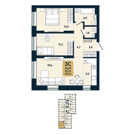 Вариант №15106, 3-комнатная квартира в жилом комплексе Рубин